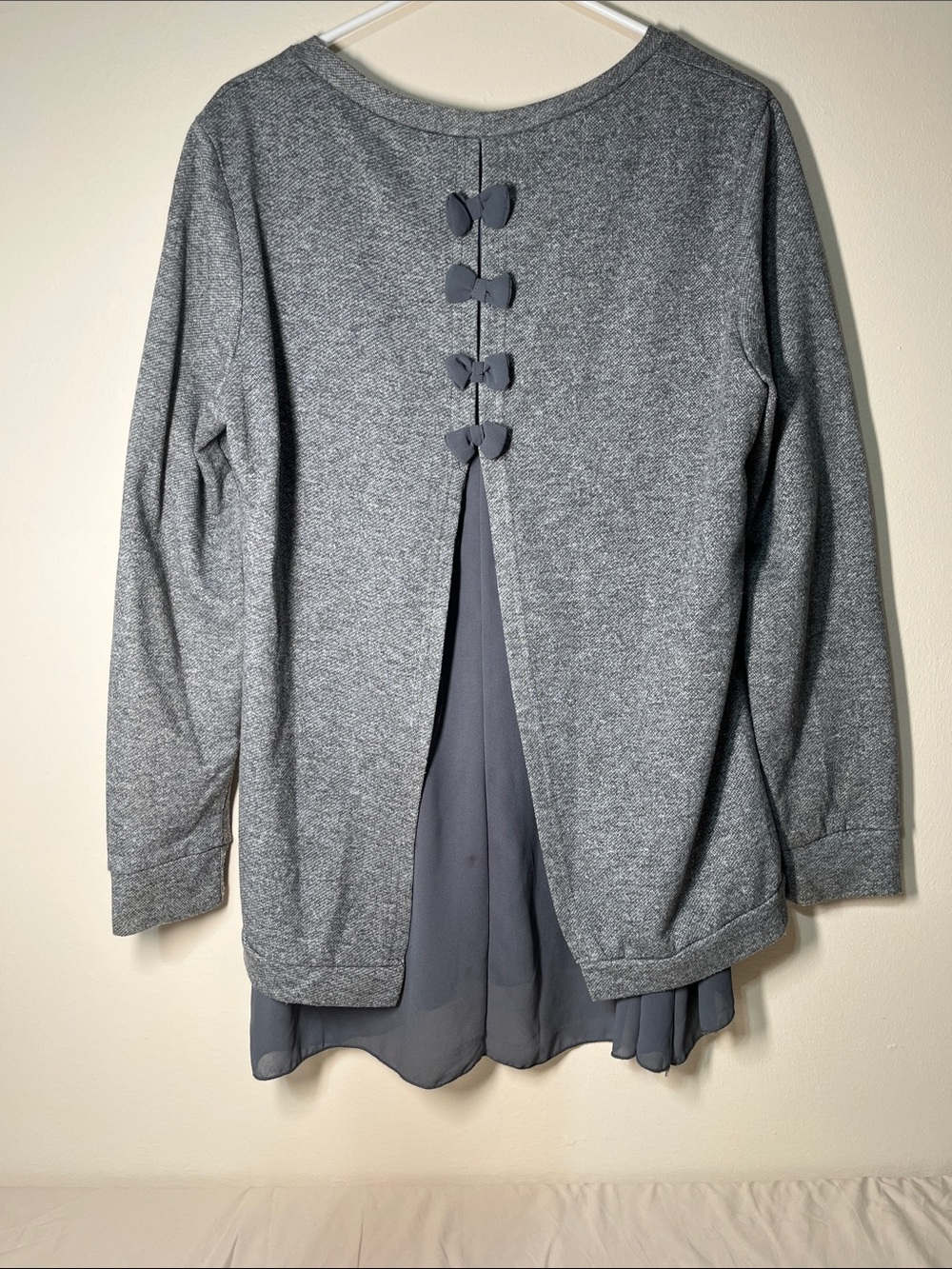 Women’s Grey Knit Sweater with Chiffon Undershirt and Bow Details